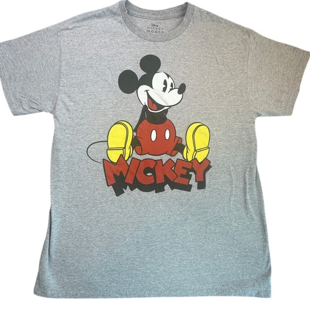 Disney Mickey Mouse Graphic T-Shirt Gray Cotton Blend Crew Neck